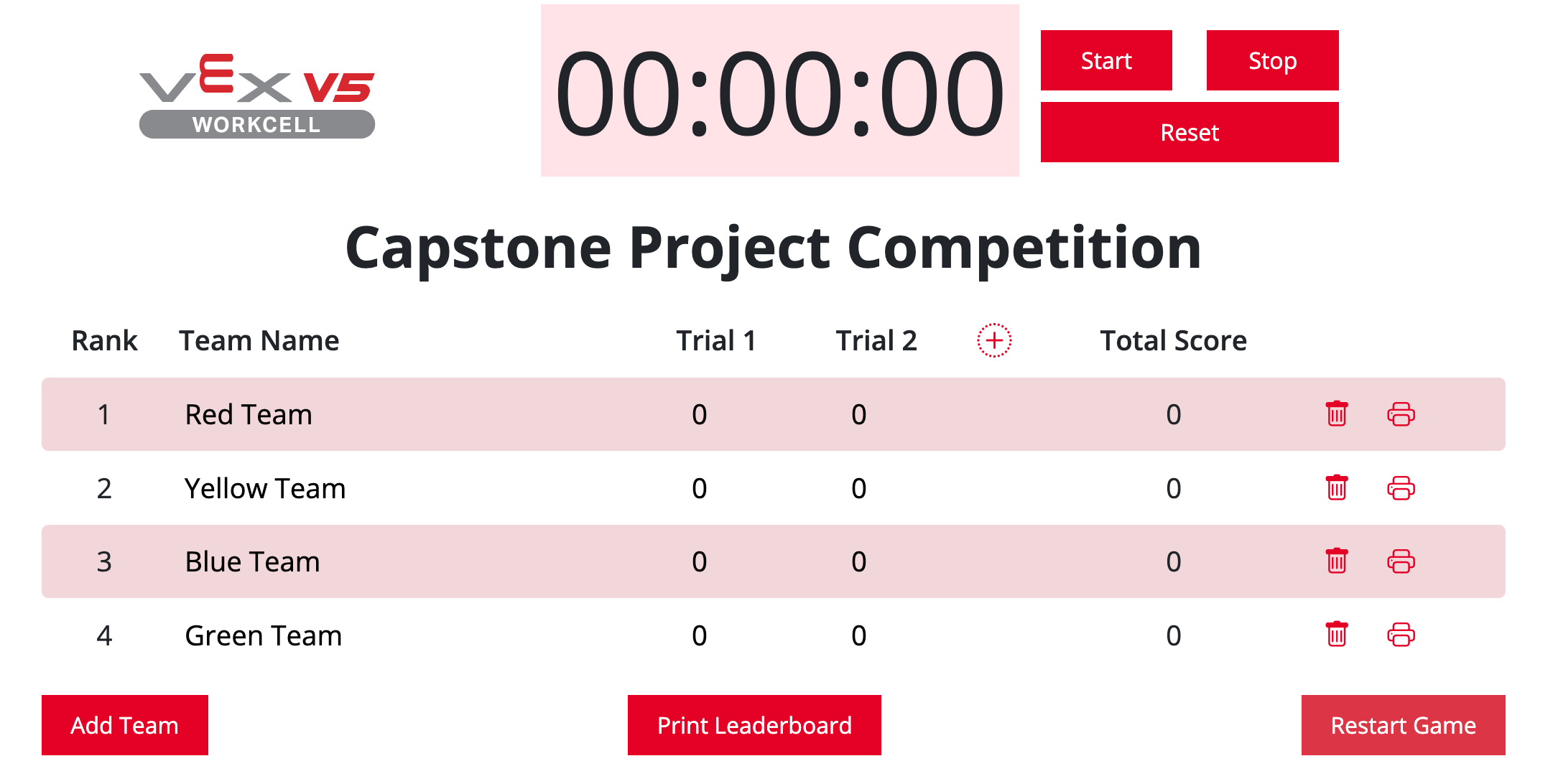 V5 Workcell Leaderboard that has four named teams added, ready to start.