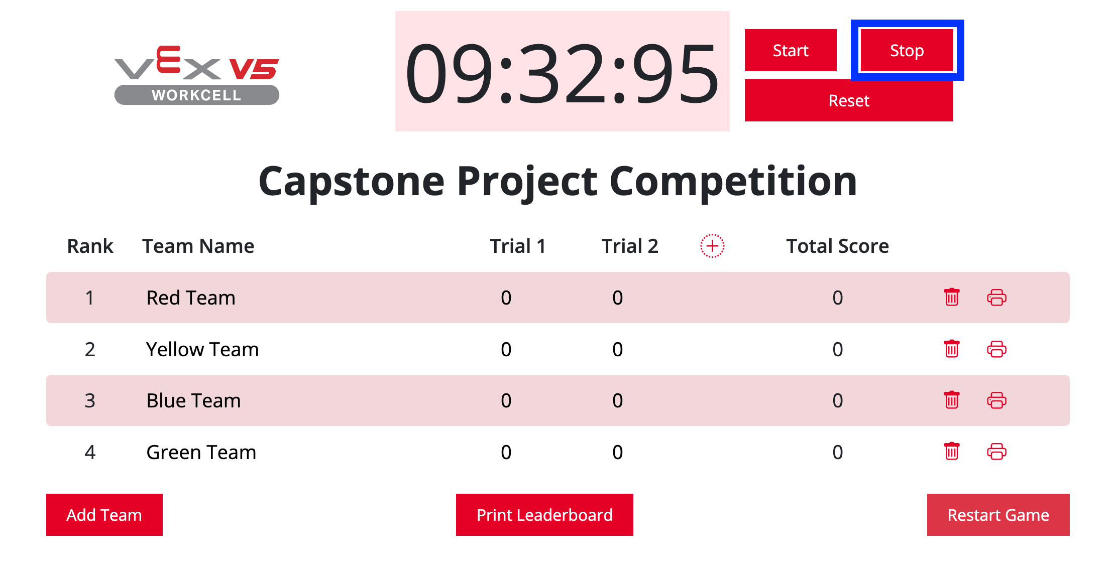 V5 Workcell Leaderboard with the Stop button highlighted to the right of the timer.