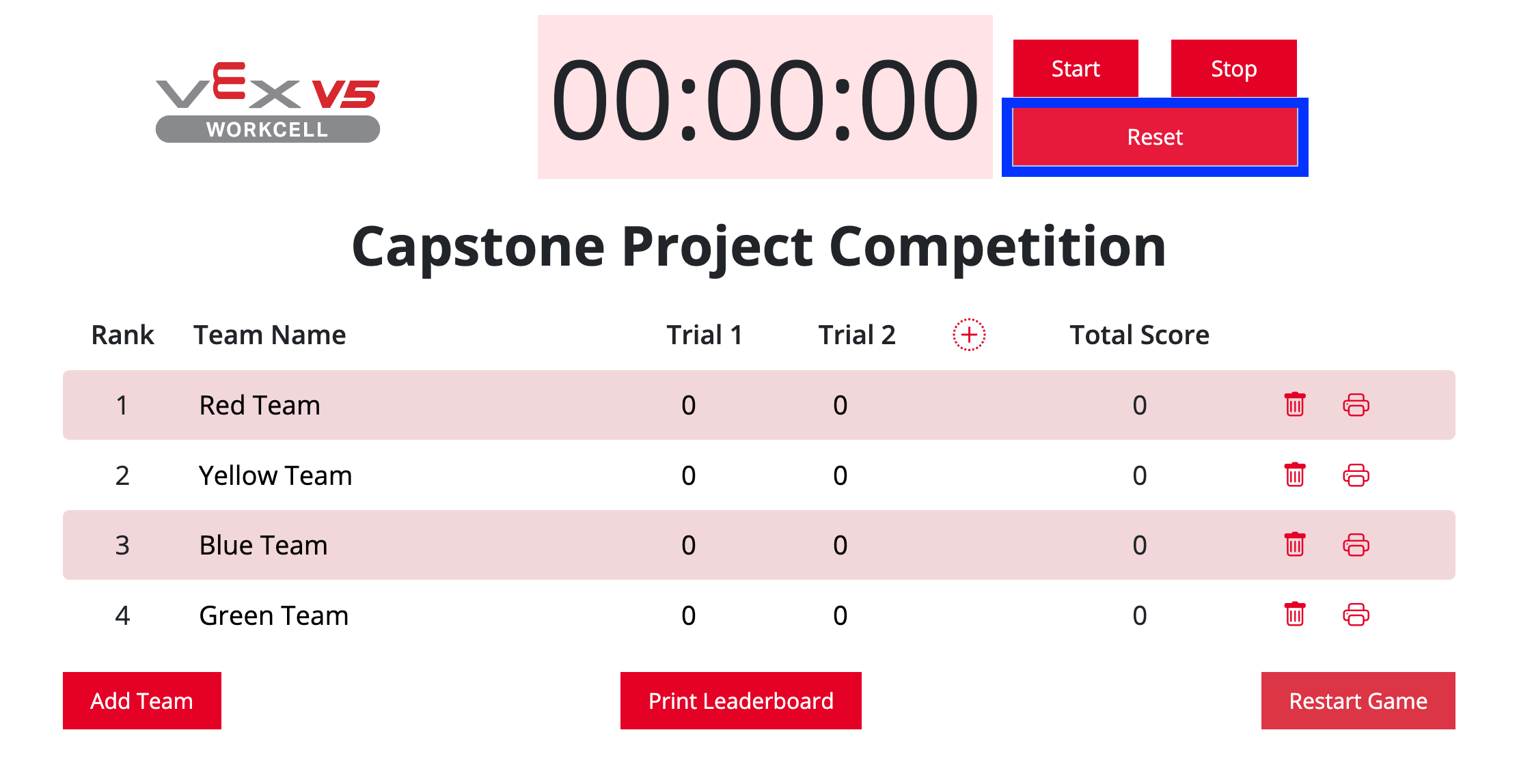 V5 Workcell Leaderboard with the Reset button highlighted to the right of the timer.