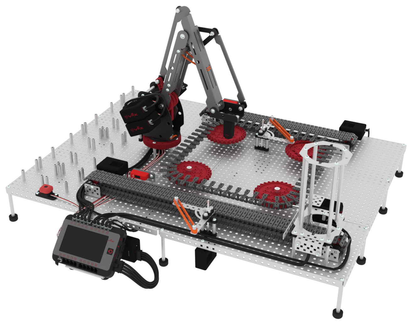 VEX V5 Workcell build showing robotic arm, conveyors, disk feeder, and V5 Brain.