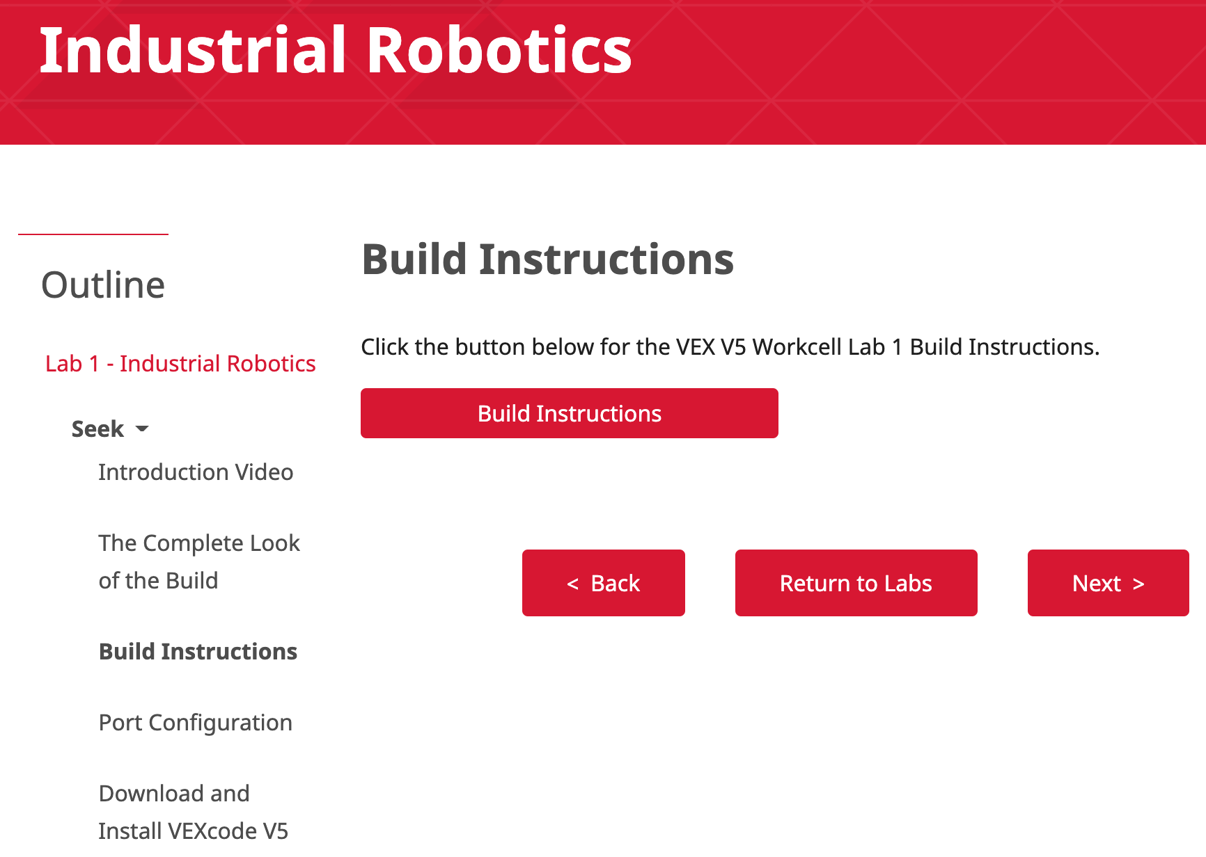 VEX Workcell STEM Labs Build Instructions page showing Industrial Robotics unit with assembly steps.