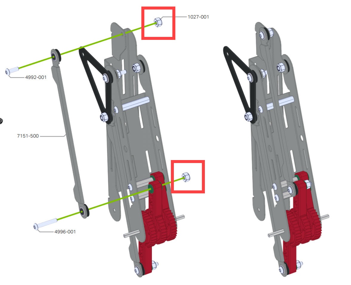 Robot arm Build Instructions page with two Nylock nut pieces at a pivot point highlighted.