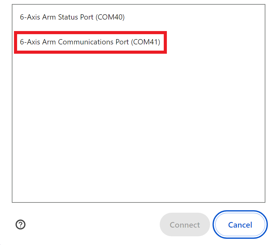 Browser connection window with two options listed, one reads COM40, and the other reads COM41. The option reading COM41 is highlighted.