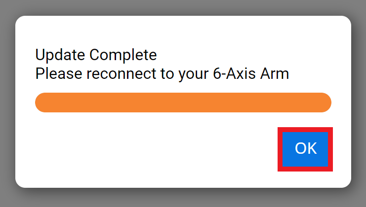 VEXcode EXP Update Complete prompt with the OK button highlighted below.