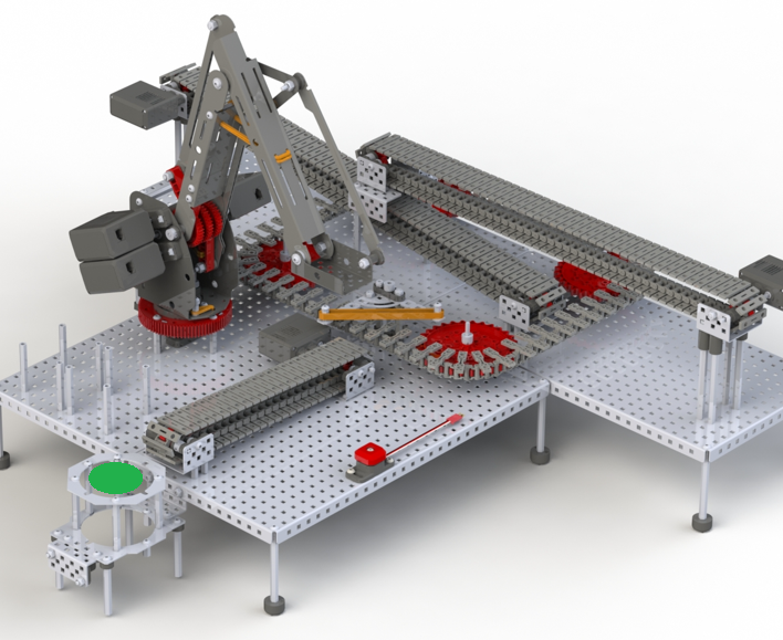 Workcell system with elevated and overlapping conveyors moving disks between different heights and paths.