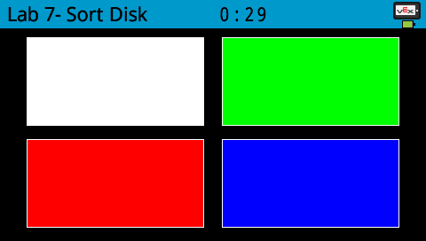 V5 Brain screen showing user interface with colored buttons used to manually select disk sorting actions.