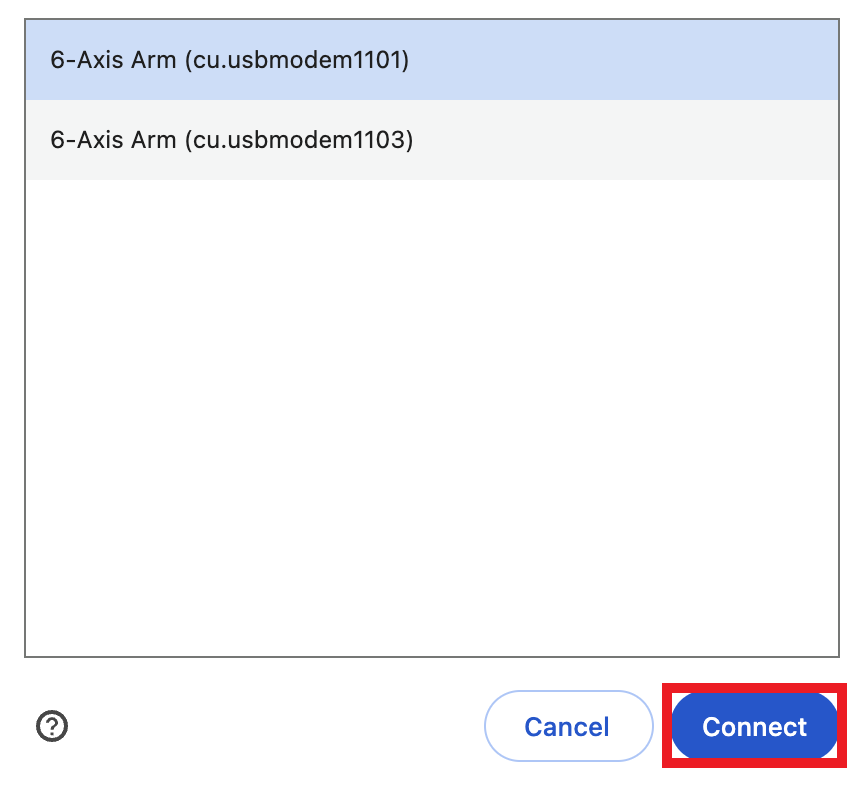 Browser connection window with the 1101 option selected and the Connect button highlighted below.