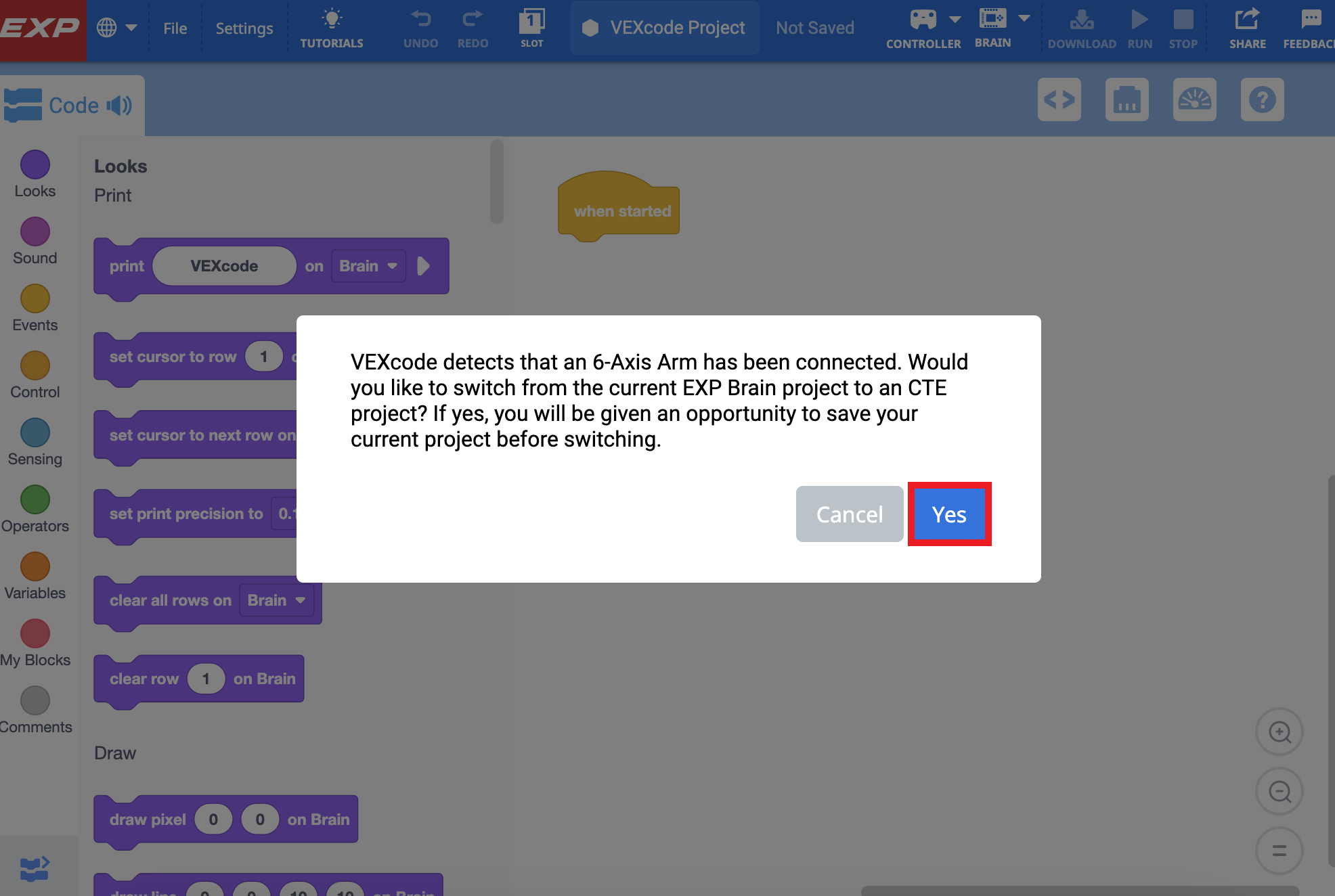 VEXcode with a prompt asking to switch to a VEXcode CTE project now that the Arm has been connected. There is a button below that reads Yes and is highlighted.