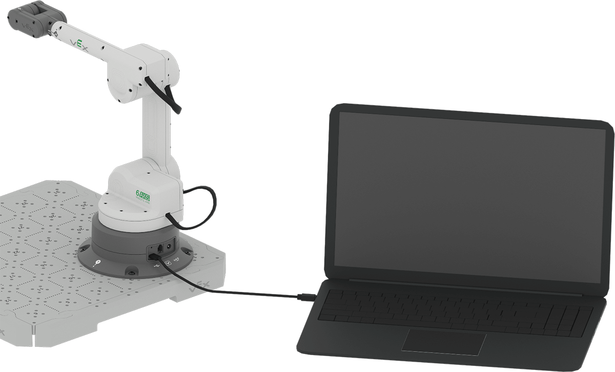 USB cable is shown connecting the Arm to the laptop.