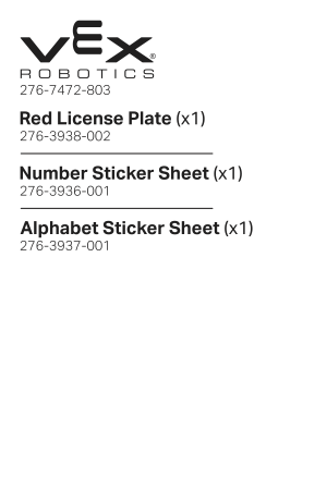 Parts list for a bag that contains the Red License Plate, Number Sticker Sheet, and Alphabet Sticker Sheet.