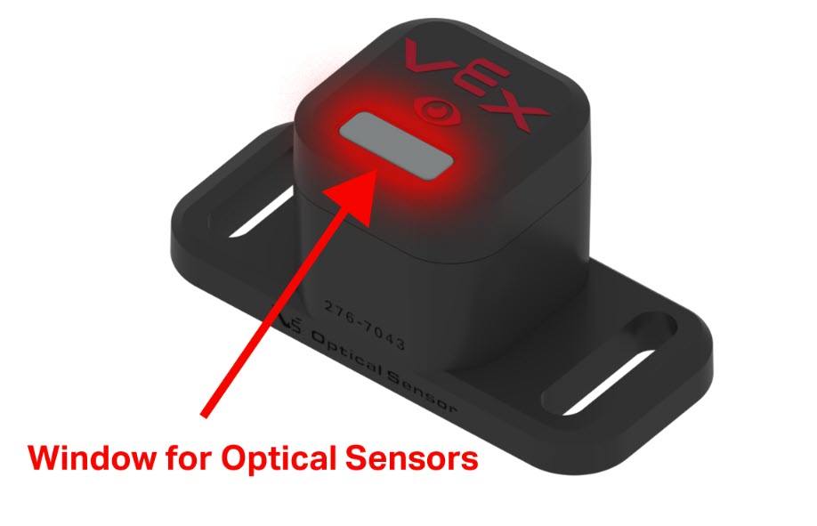 Close-up of V5 optical sensor with sensing window highlighted.