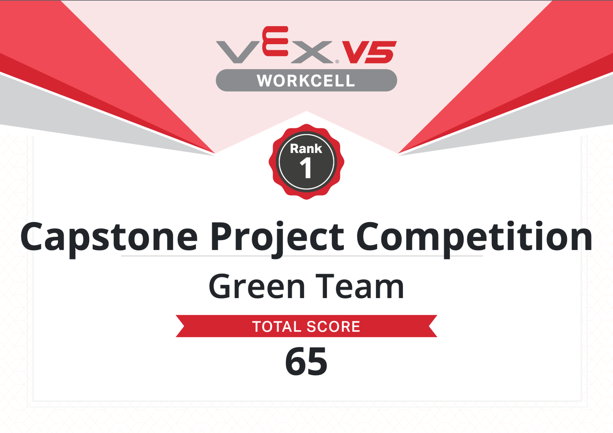 V5 Workcell Leaderboard team certificate. It reads Rank 1, Capstone Project Competition, Green Team, Total Score 65.