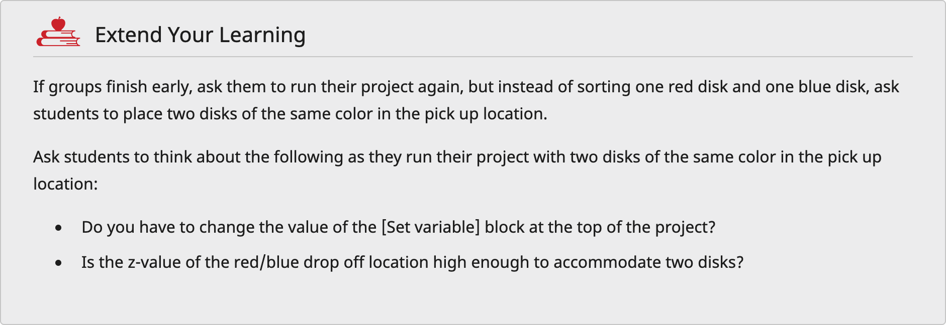 Screenshot of an Extend Your Learning teacher note used as an example.
