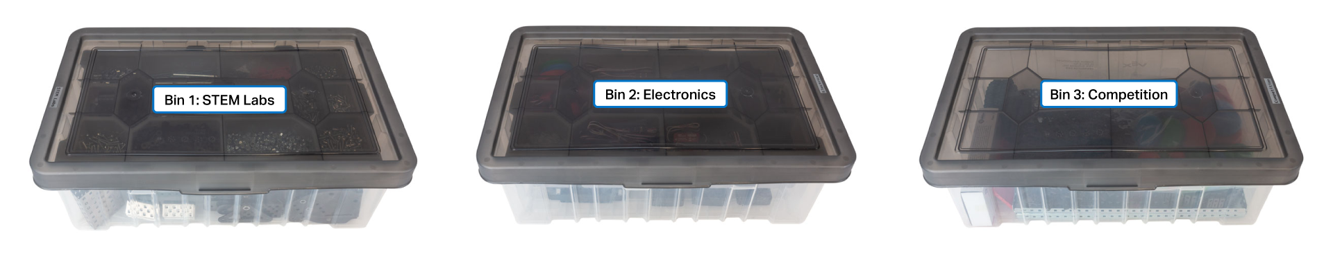 Three labeled bins organizing V5 Workcell kit components for storage and access. One bin reads STEM Labs, one reads Electronics, and one reads Competition.