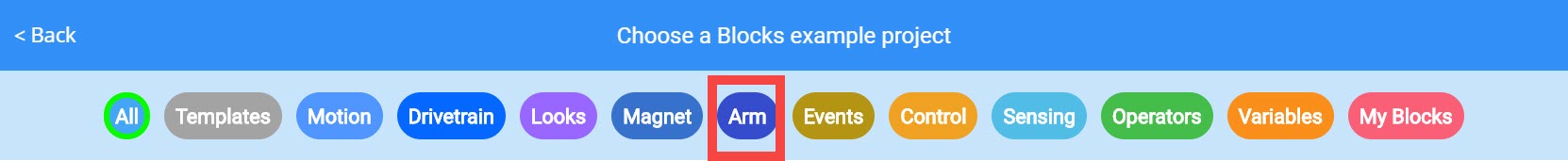 Example Projects menu with the Arm category of projects highlighted.