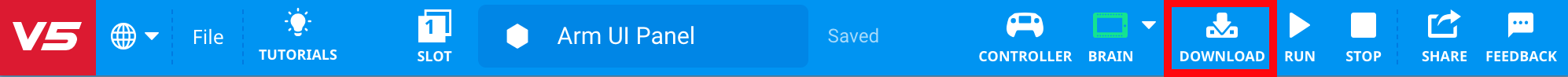 VEXcode V5 Toolbar with the Download icon highlighted in between the Brain and Run icons.