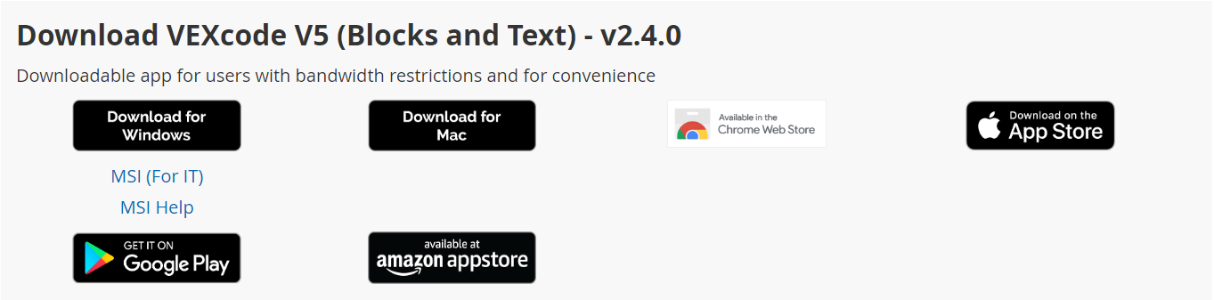 VEXcode V5 download page with download options for platforms including Chrome Web Store, Windows, Mac, Apple App Store, Google Play, and the Amazon appstore.