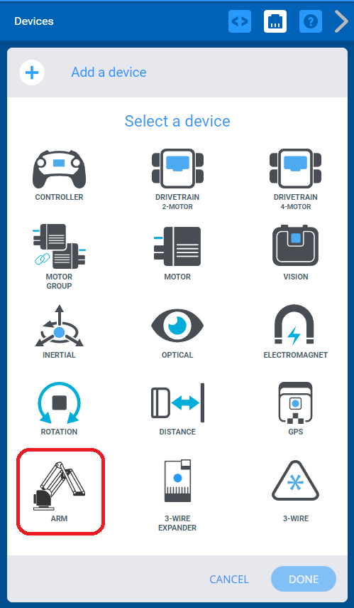 Arm device option is highlighted in the Select a Device menu.