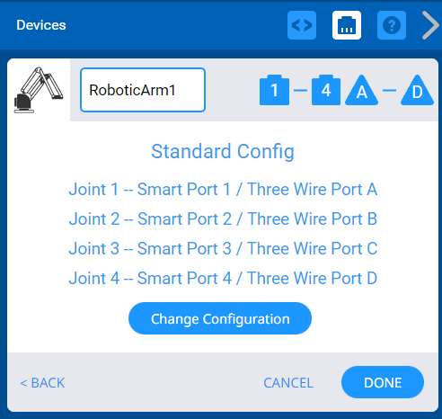 Arm Configuration menu after the Standard Config option has been selected, the four Joints are assigned to the first four Smart Ports.
