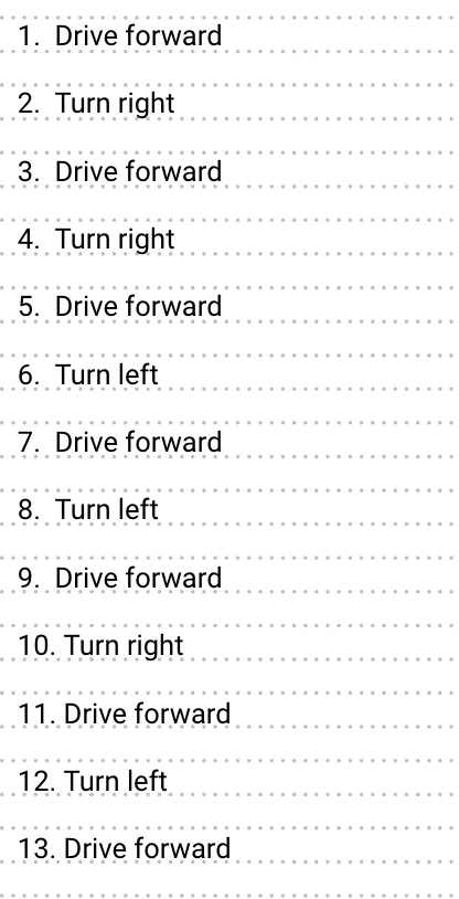 A list of 13 steps needed to complete the task, alternating driving and turning.