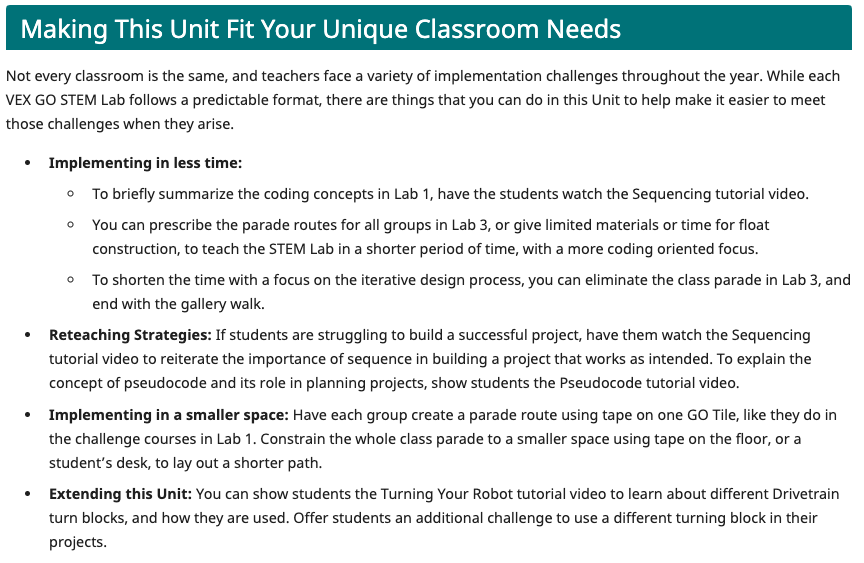 Ways to adapt a VEX GO unit for individual classroom needs from a VEX GO STEM Lab Pacing Guide.