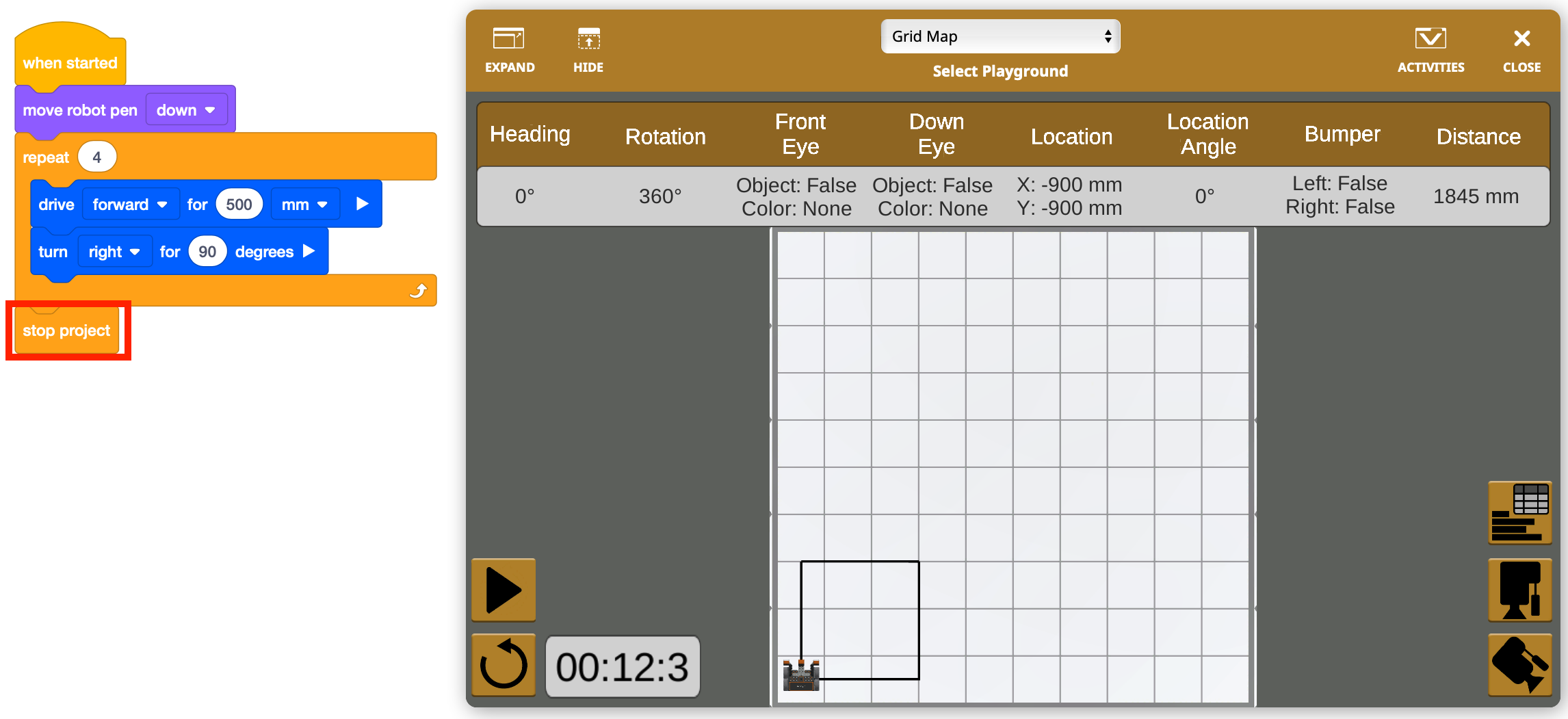 The same image with the Stop project block highlighted for ending a robot program