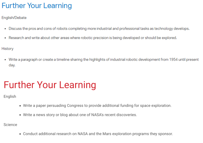 Screenshot of Further Your Learning cross curricular connections in a STEM Lab, as an example.