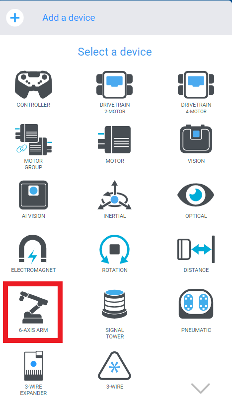 6-Axis Arm device option is highlighted in the Select a Device menu.