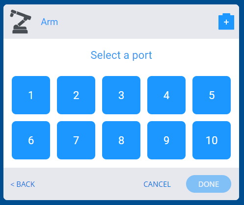Port selection menu for the 6-Axis Arm.