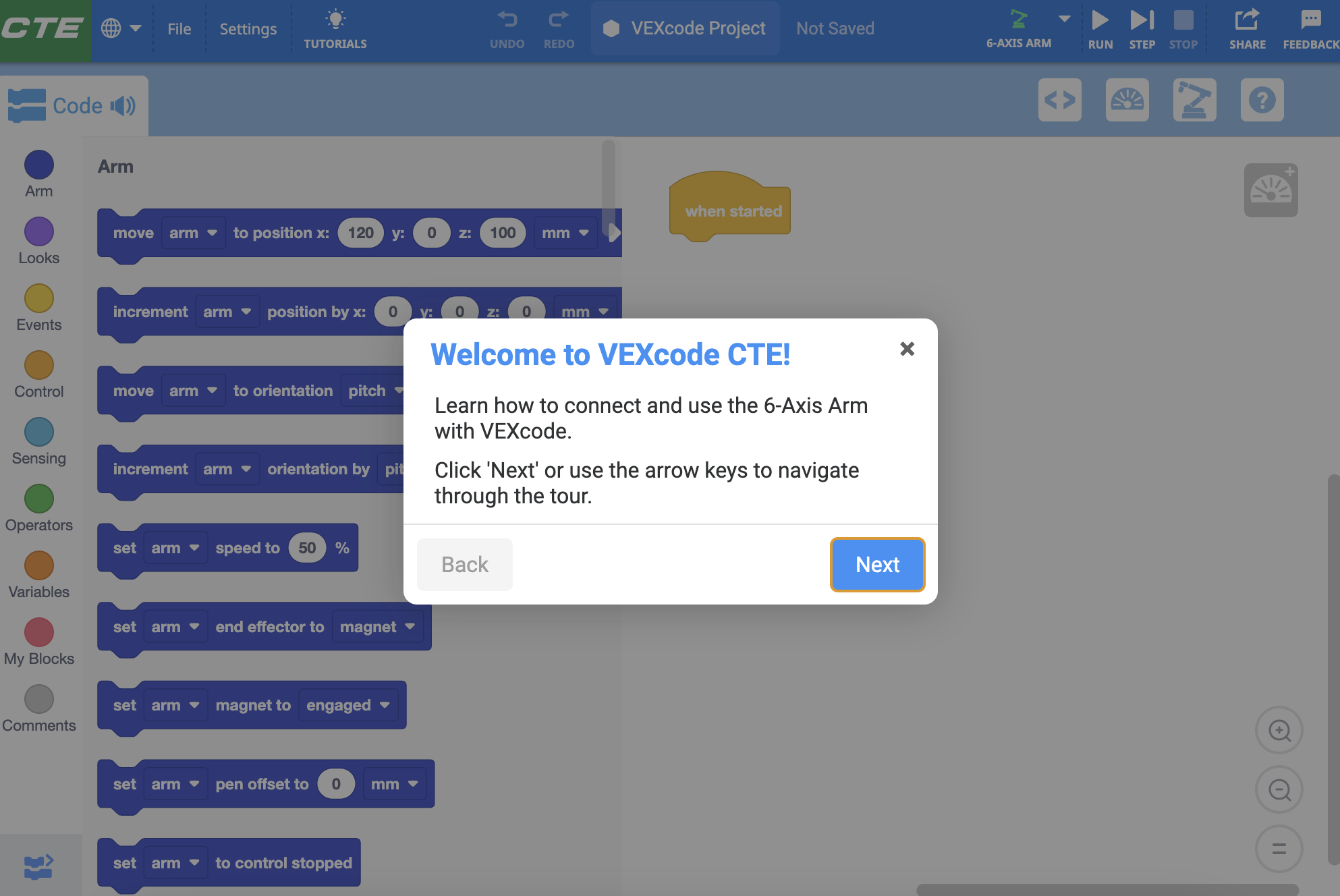 Welcome to VEXcode CTE prompt, with a button reading Next below and a message that reads Click Next or use the arrow keys to navigate through the tour.