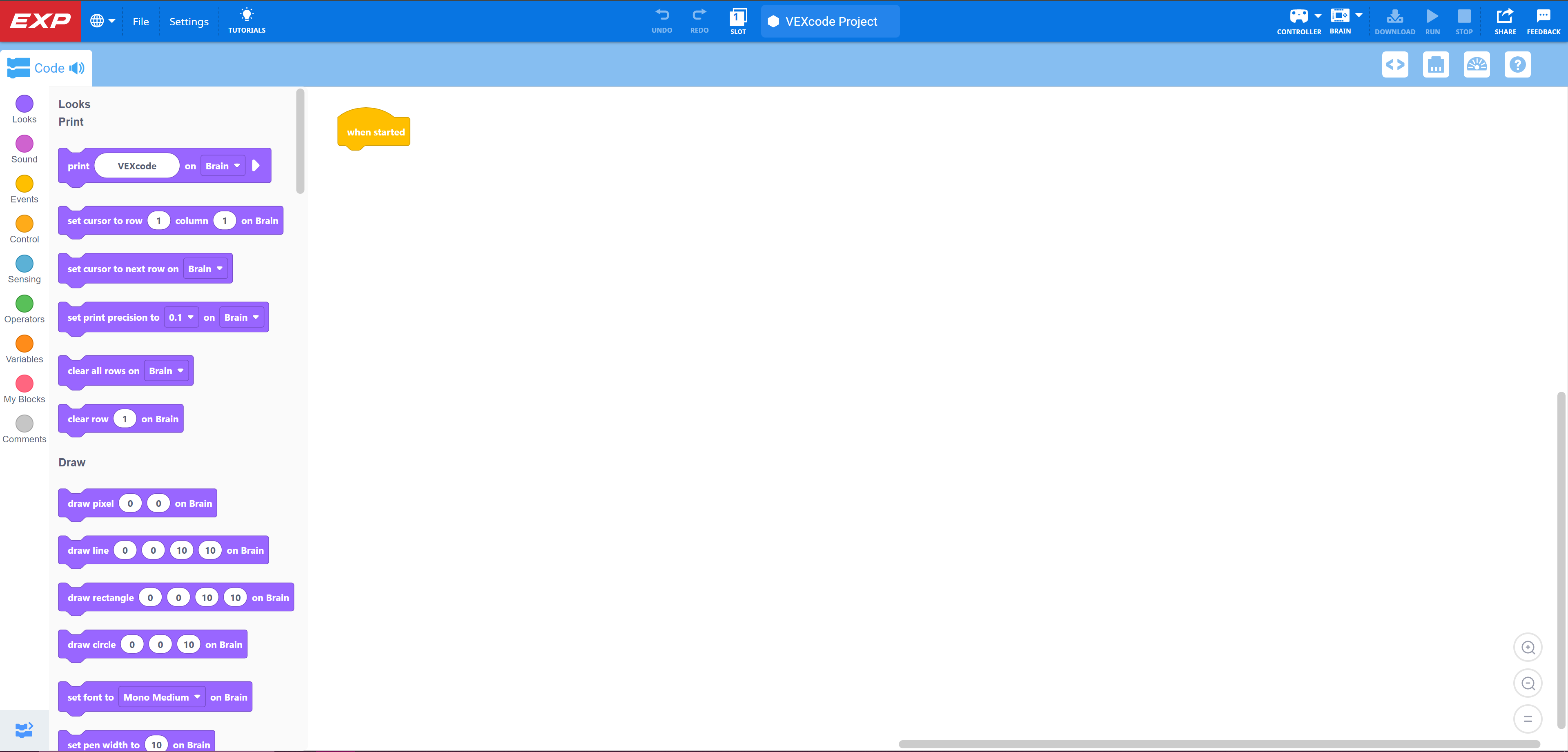 Blank blocks project has been opened in the VEXcode EXP workspace.