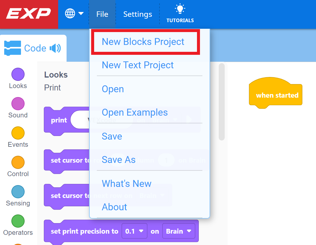 VEXcode EXP File dropdown menu is open and the New Blocks Project option is highlighted.