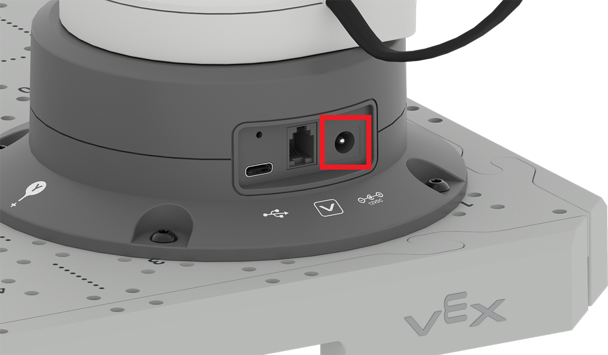 Close up of the 6-Axis Arm with its charging port highlighted. The charging port is the Arm’s right-most port.