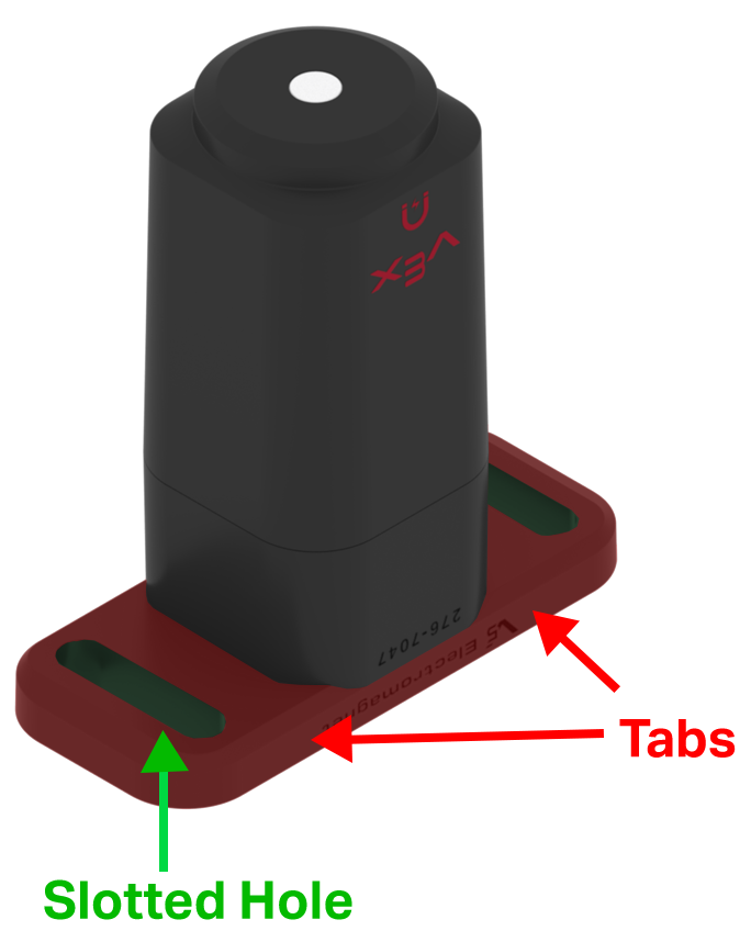 V5 Electromagnet base highlighting mounting tabs and slotted holes used for attaching to the Workcell arm.