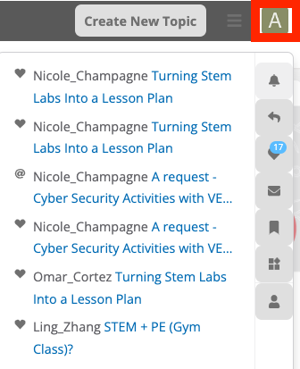 The profile icon is highlighted in the upper right corner, and a list of notifications about the Community is open.