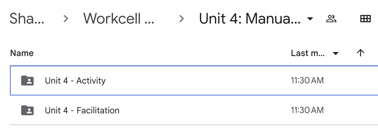 Google Drive opened to one of the Unit folders which has sub-folders for both of the videos.