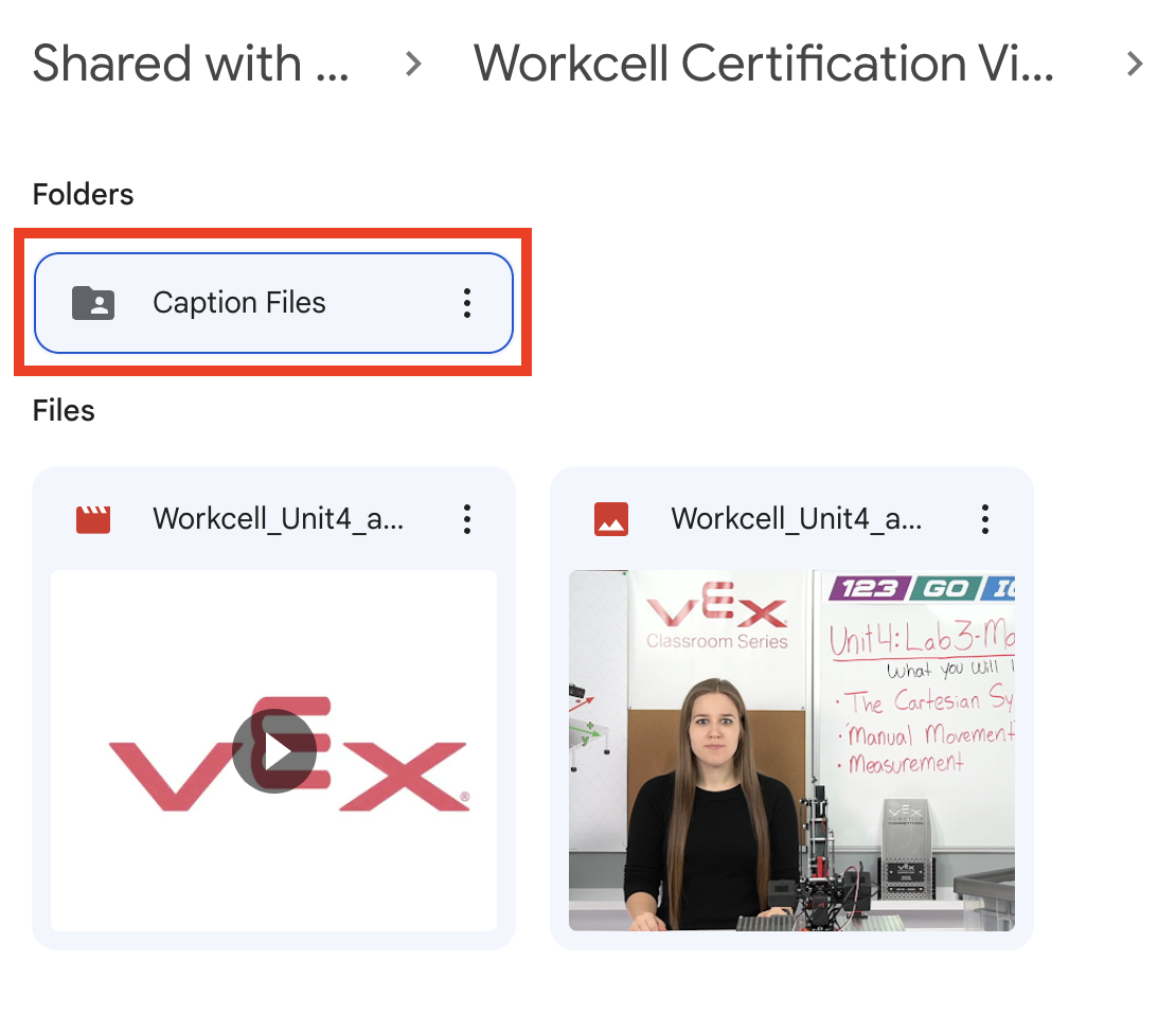 Google Drive with one of the video folders opened and the Caption Files folder is highlighted.