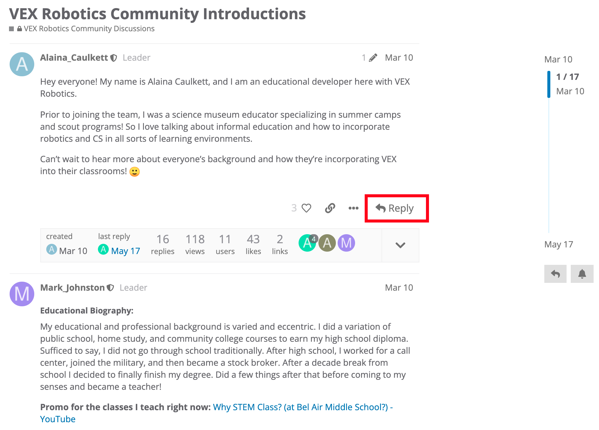 A screenshot of two posts within the Community Introductions thread, wit hthe Reply button highlighted.