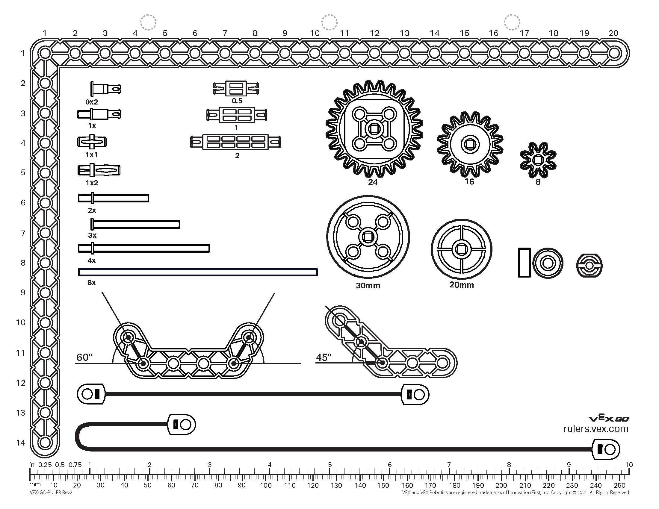Printable VEX GO parts ruler with measurement markings for identifying part sizes in letter size