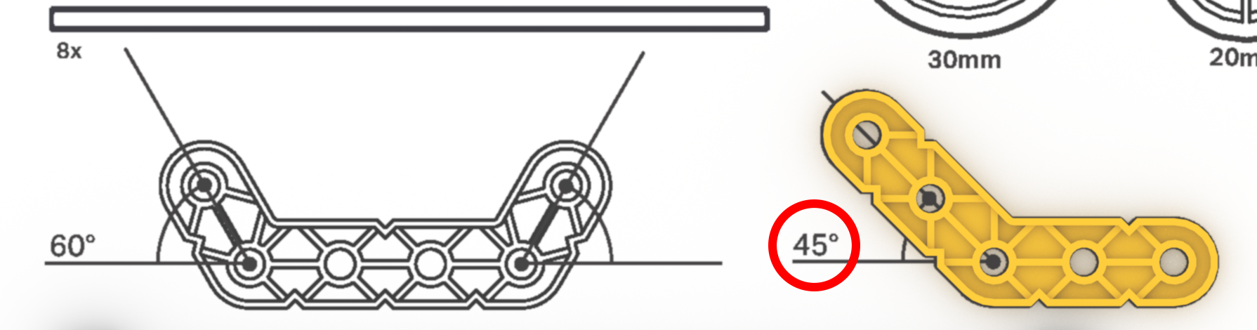 Printable VEX GO parts ruler with length and angle markings for measuring angle beams components at a 45-degree angle