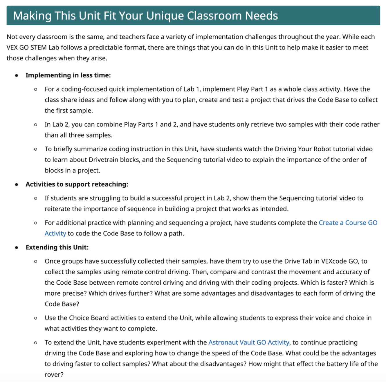 Unit-level pacing guide showing suggested adaptations for a VEX GO curriculum.