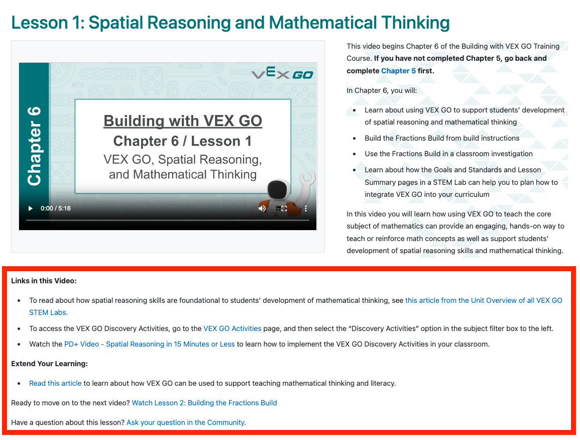 Screenshot of a Masterclass lesson with the Links and extended learning section highlighted on the bottom of the page.