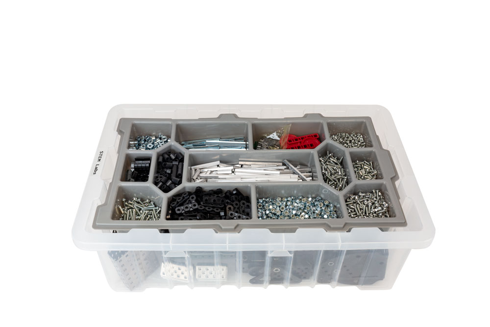 V5 Workcell kit components stored in labeled bins and compartments for organized classroom access.
