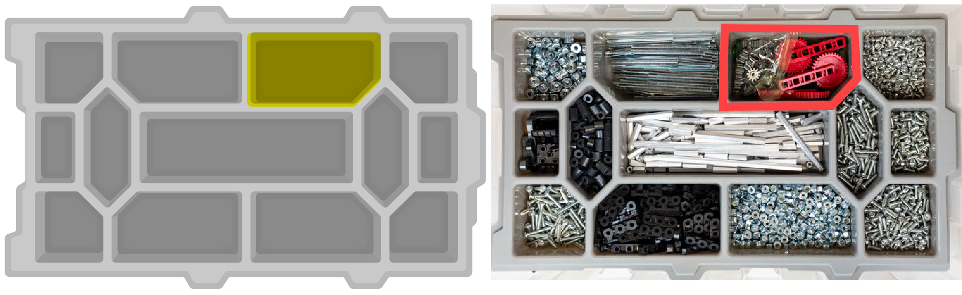 V5 Workcell Kit storage layout showing where components are organized within the storage system and with a certain location in the storage bin highlighted.