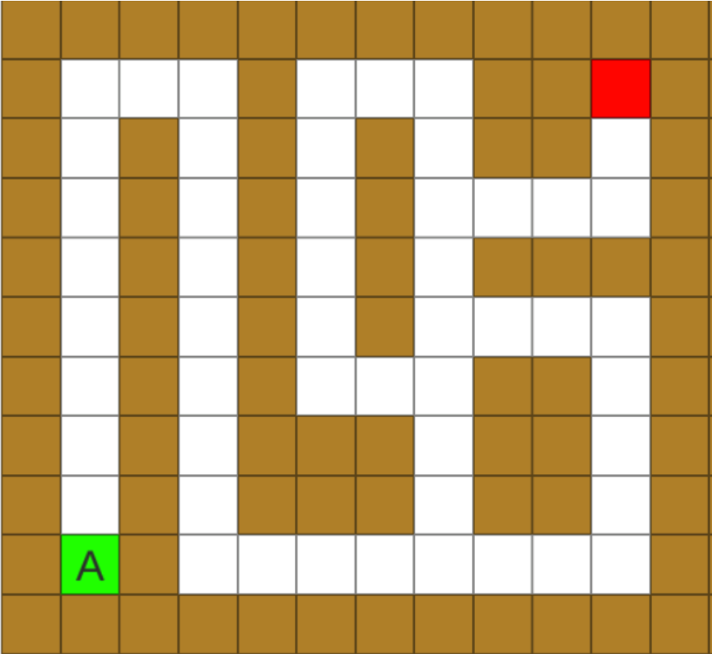 A top down view of the Wall Maze + Playground mini map, with the start in the lower left corner and end in the upper right corner.