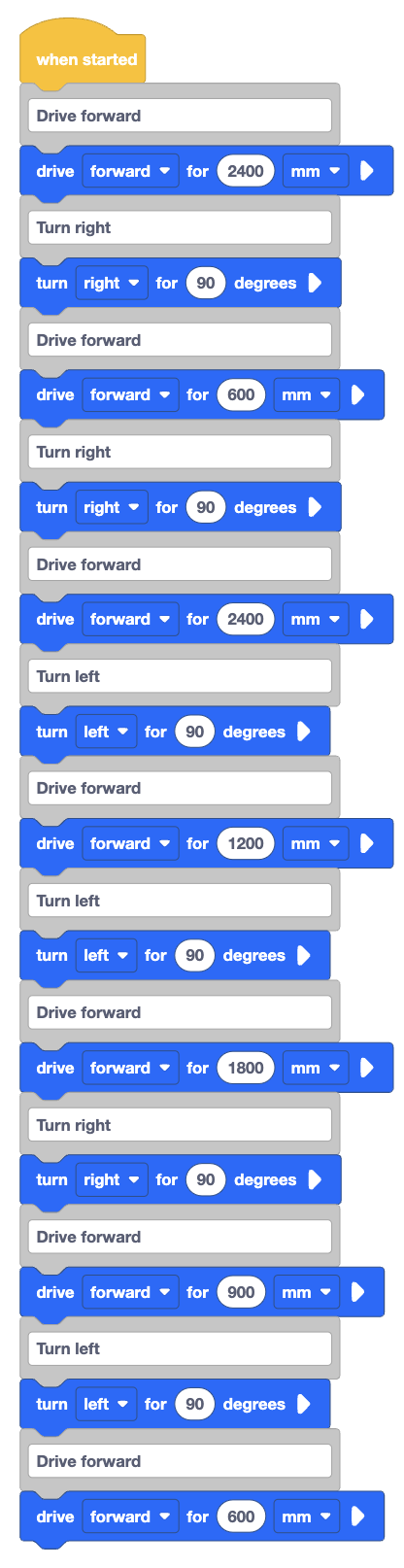 A VEXcode project showing all of the blocks needed to drive and turn to complete the maze.