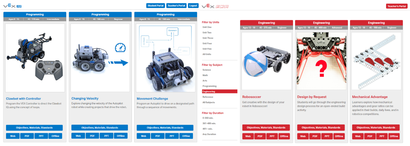 VEX IQ STEM Lab tile offerings alongside VEX EDR STEM Lab tiles showing different options for lessons with VEX.