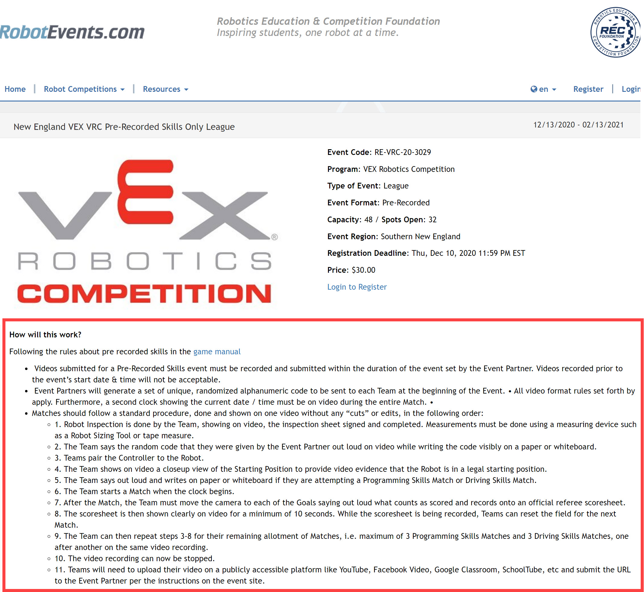 Screenshot of the Robot Events page information for a V5 competition event with the listing how the remote event with work highlighted.