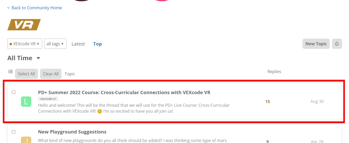 VEX PD+ Community post listing in the VR section, with the first post highlighted.