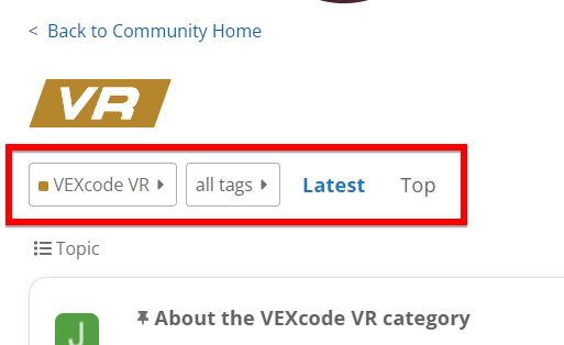 VEX PD+ Community posts page showing options at the top for the platform section and organization.